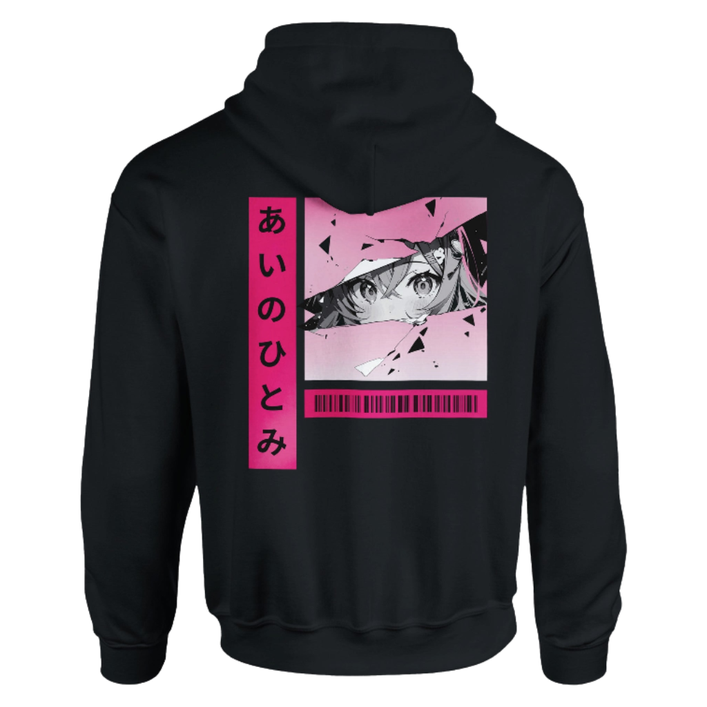 Black hoodie with anime eyes and Japanese text design on the back