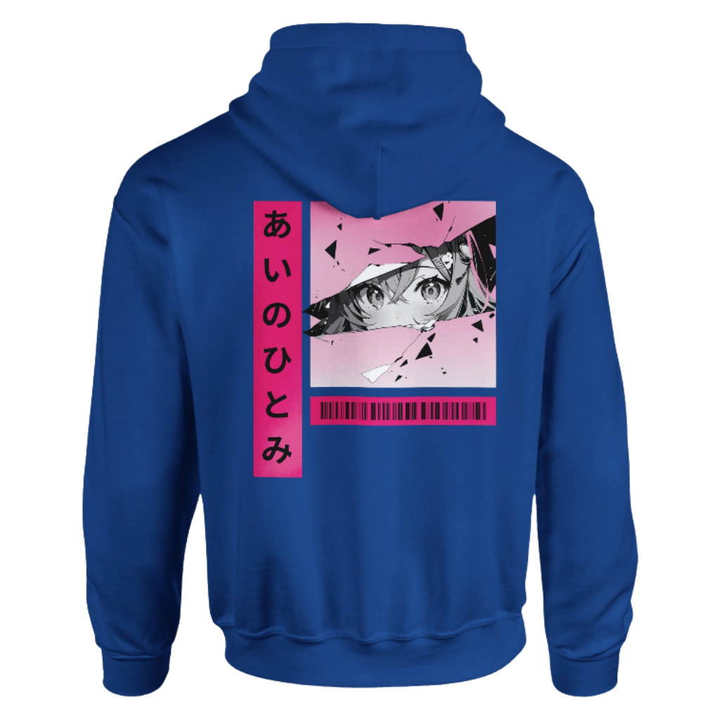 Blue hoodie with anime eyes and Japanese text design on the back