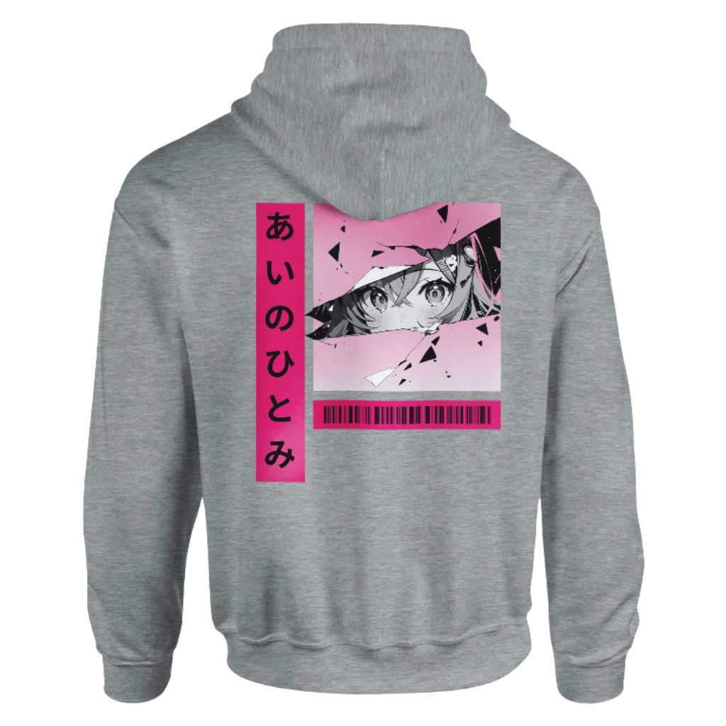 Grey hoodie with anime eyes and Japanese text design on the back