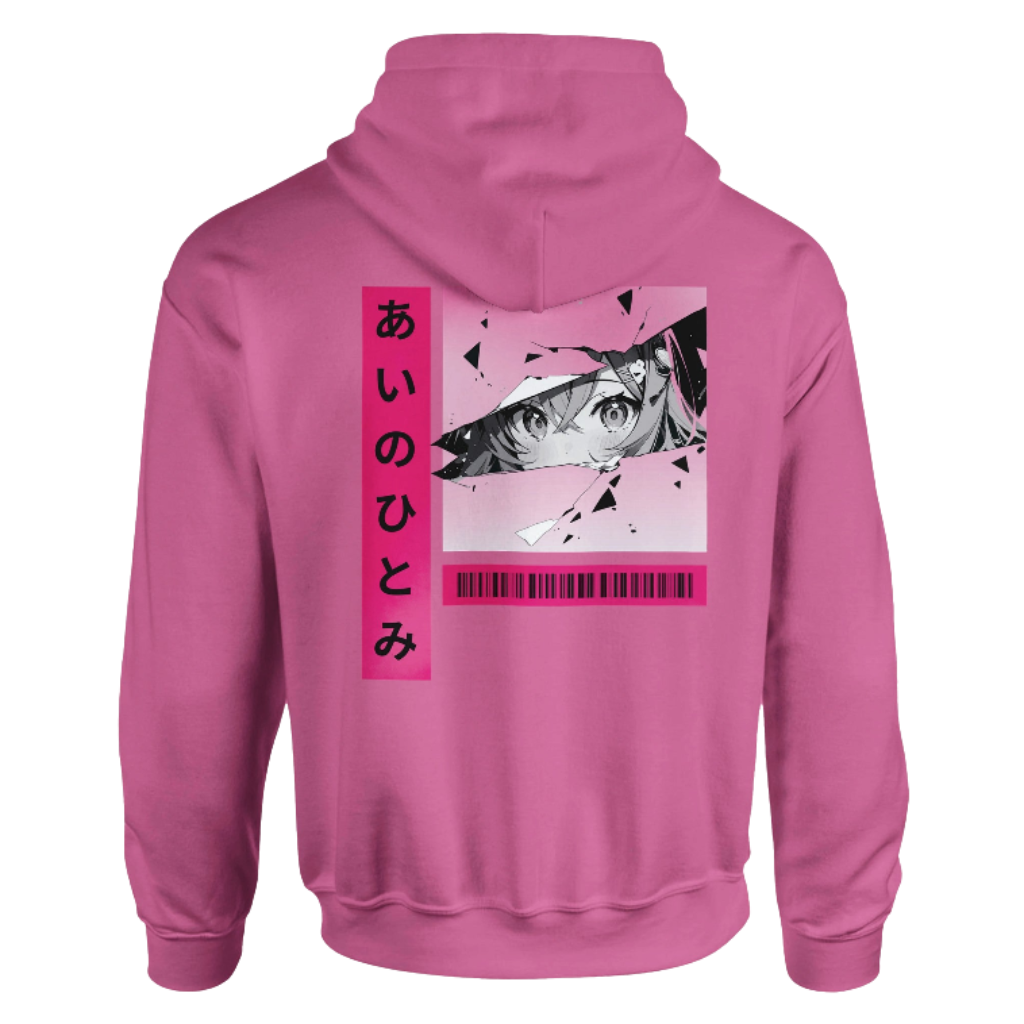 Pink hoodie with anime eyes and Japanese text design on the back