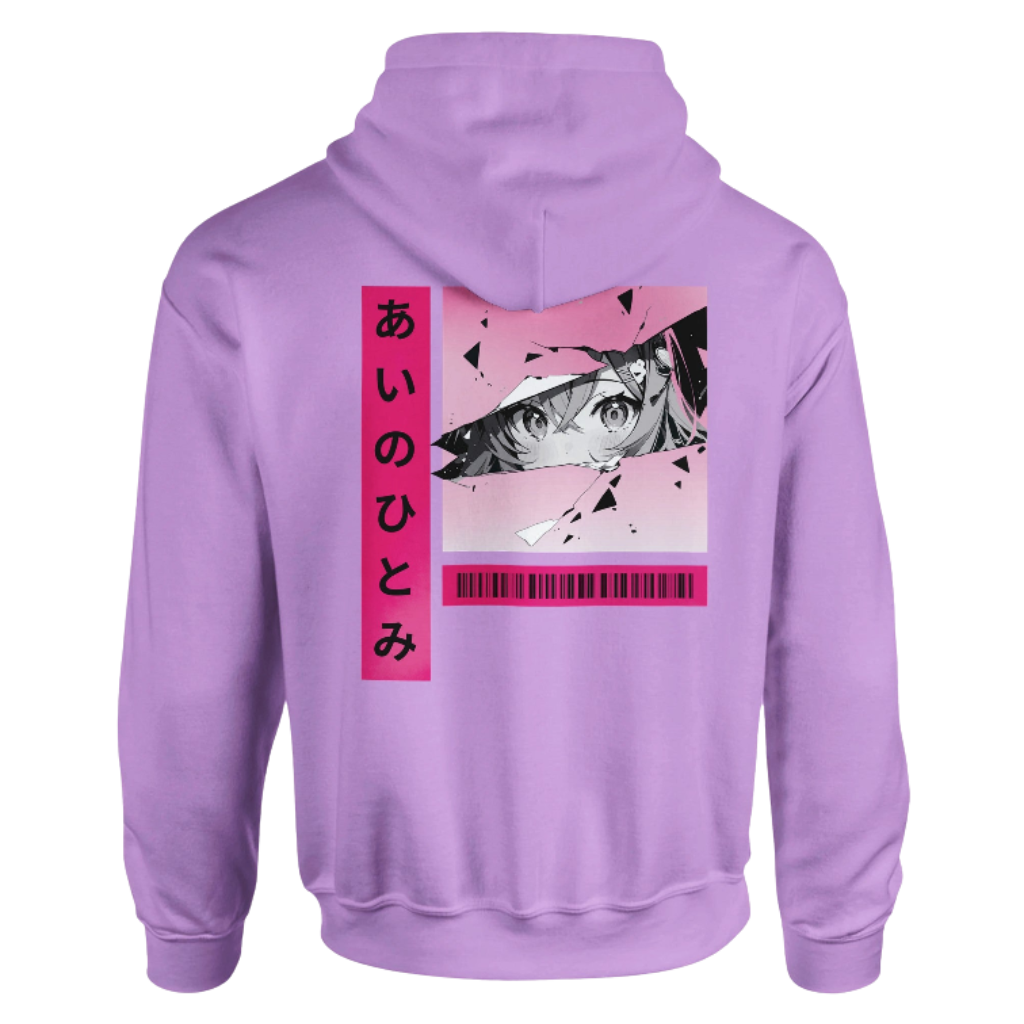 Purple hoodie with anime eyes and Japanese text design on the back