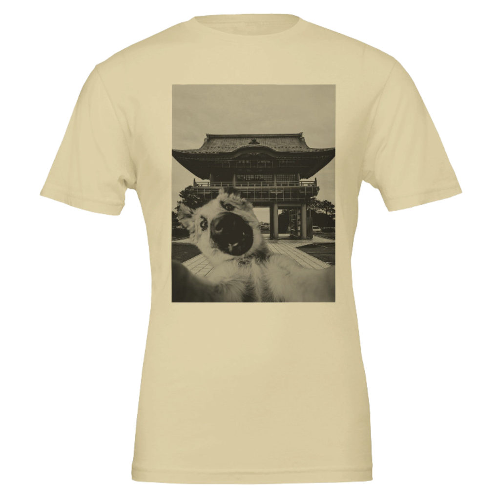 Beige t-shirt with a black and white graphic of a traditional building on a beige background