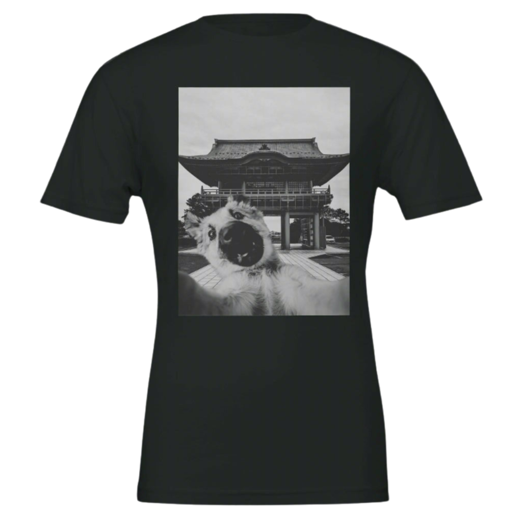 Black t-shirt with a graphic of a traditional building on a black background