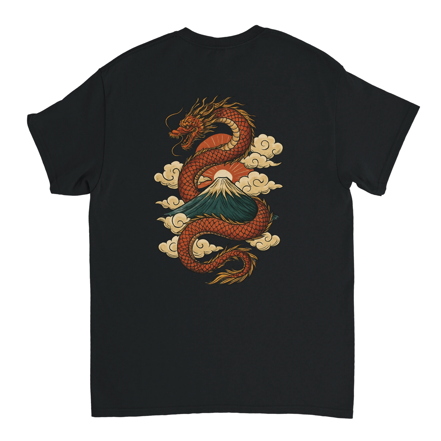 Black T-shirt with Japanese dragon and mountain design