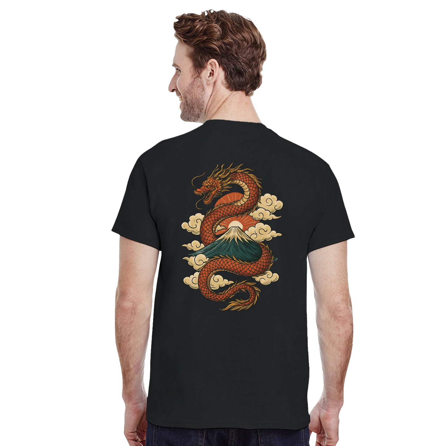 Black T-shirt with Japanese dragon and mountain design