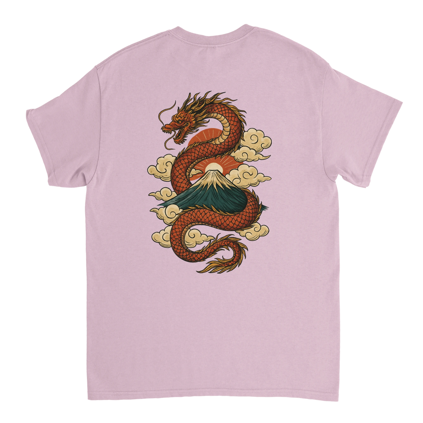 Pink T-shirt with Japanese dragon and mountain design