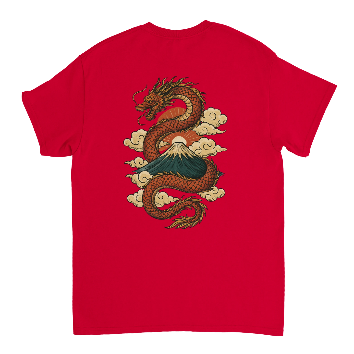 Red T-shirt with Japanese dragon and mountain design