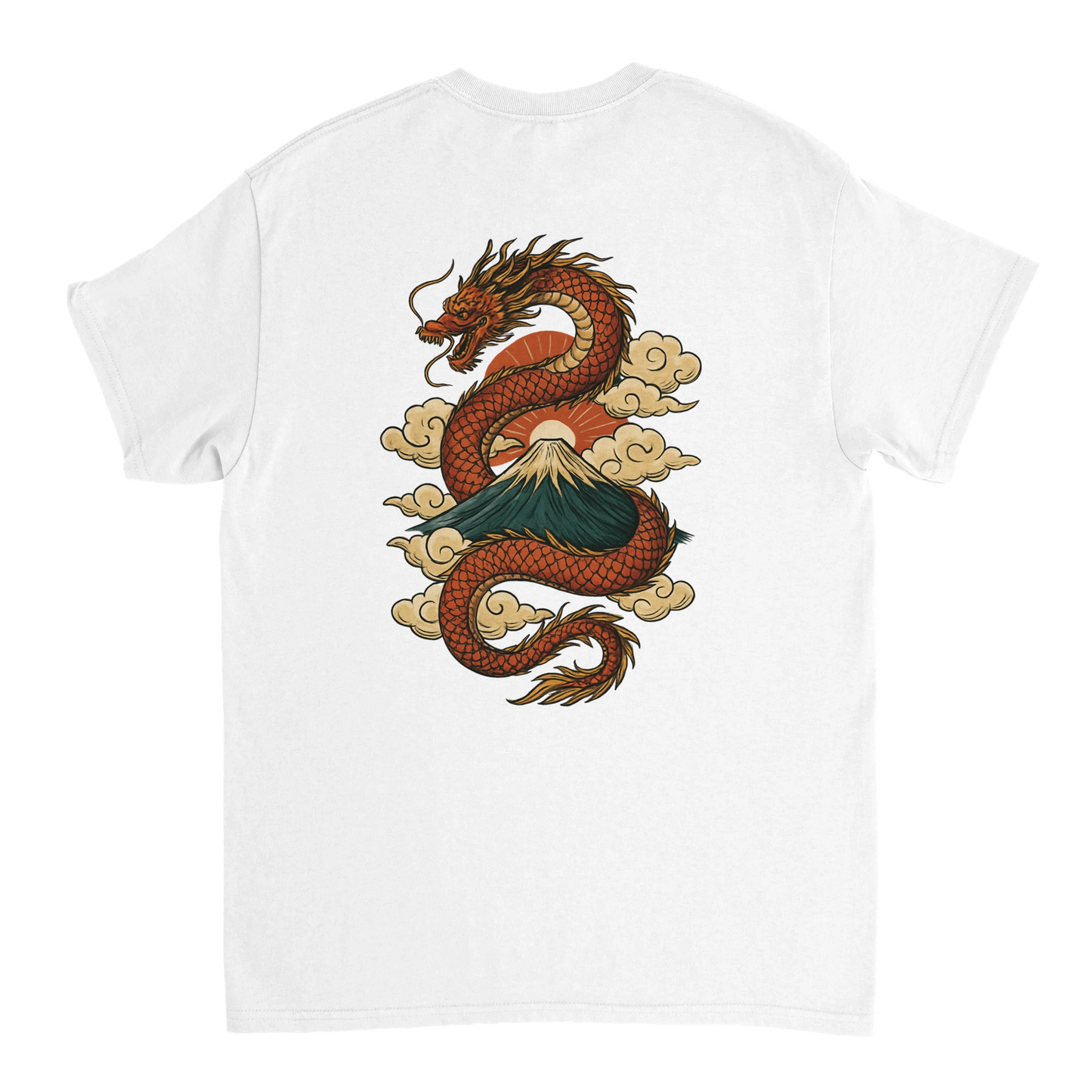 White T-shirt with Japanese dragon and mountain design
