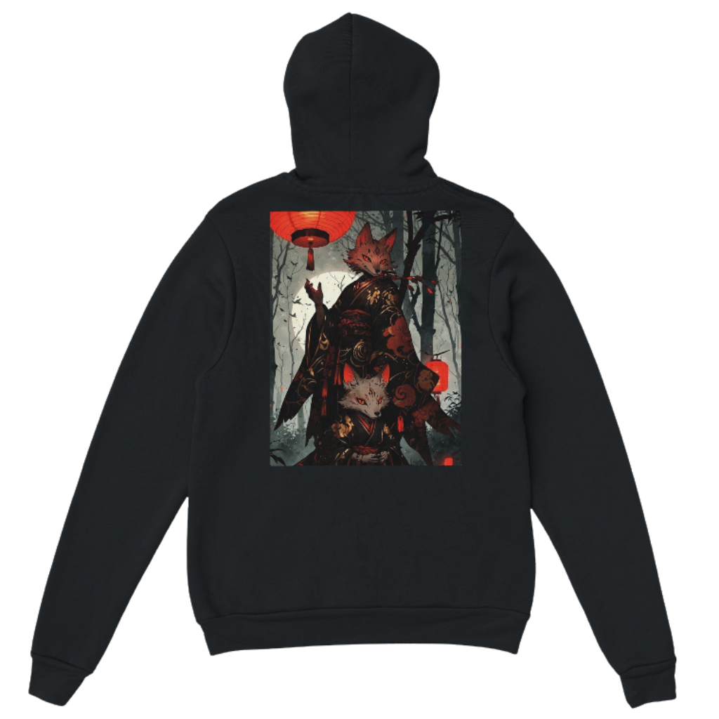 Black hoodie with fox spirit samurai, lantern and sword design on the back