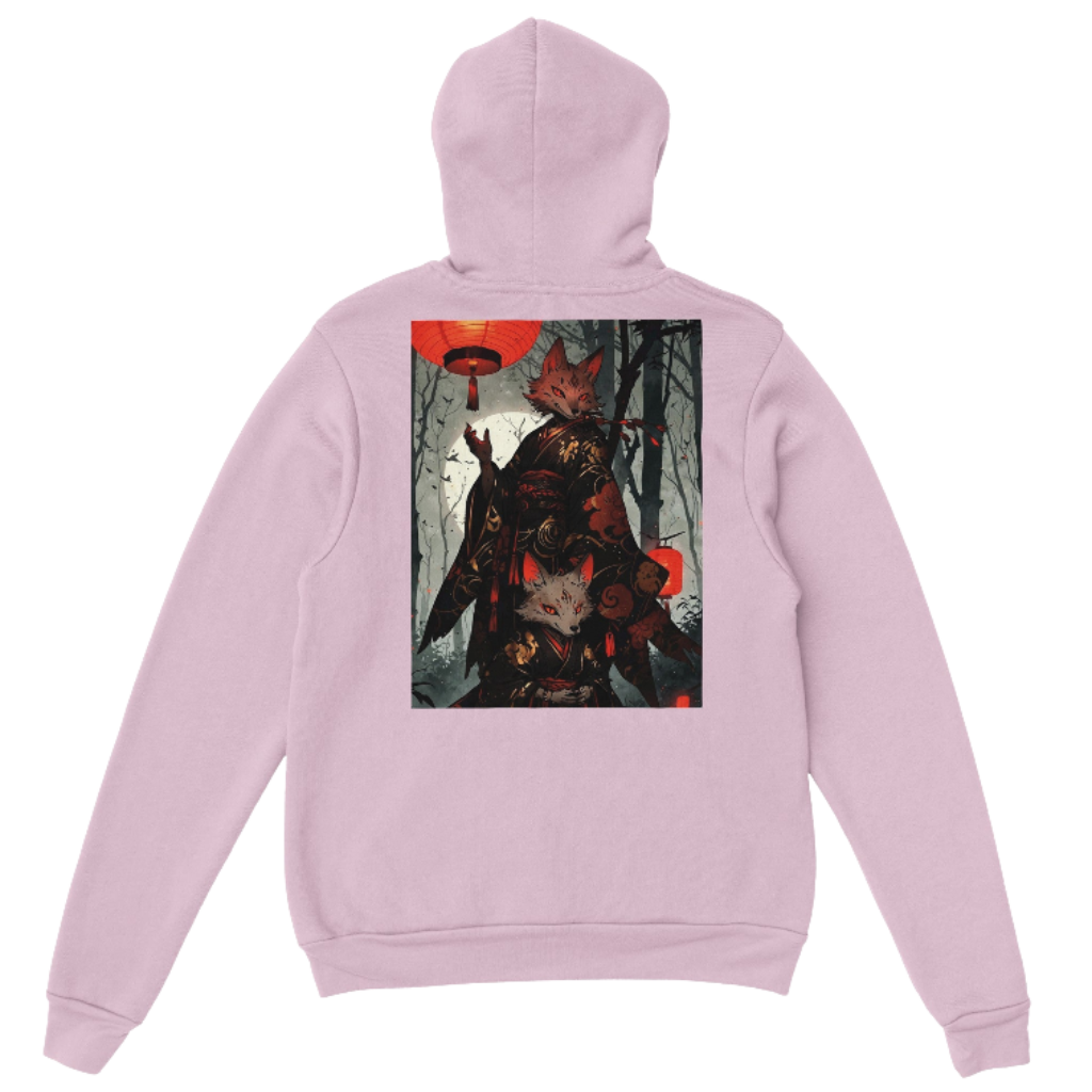 Light pink hoodie with fox spirit samurai, lantern and sword design on the back