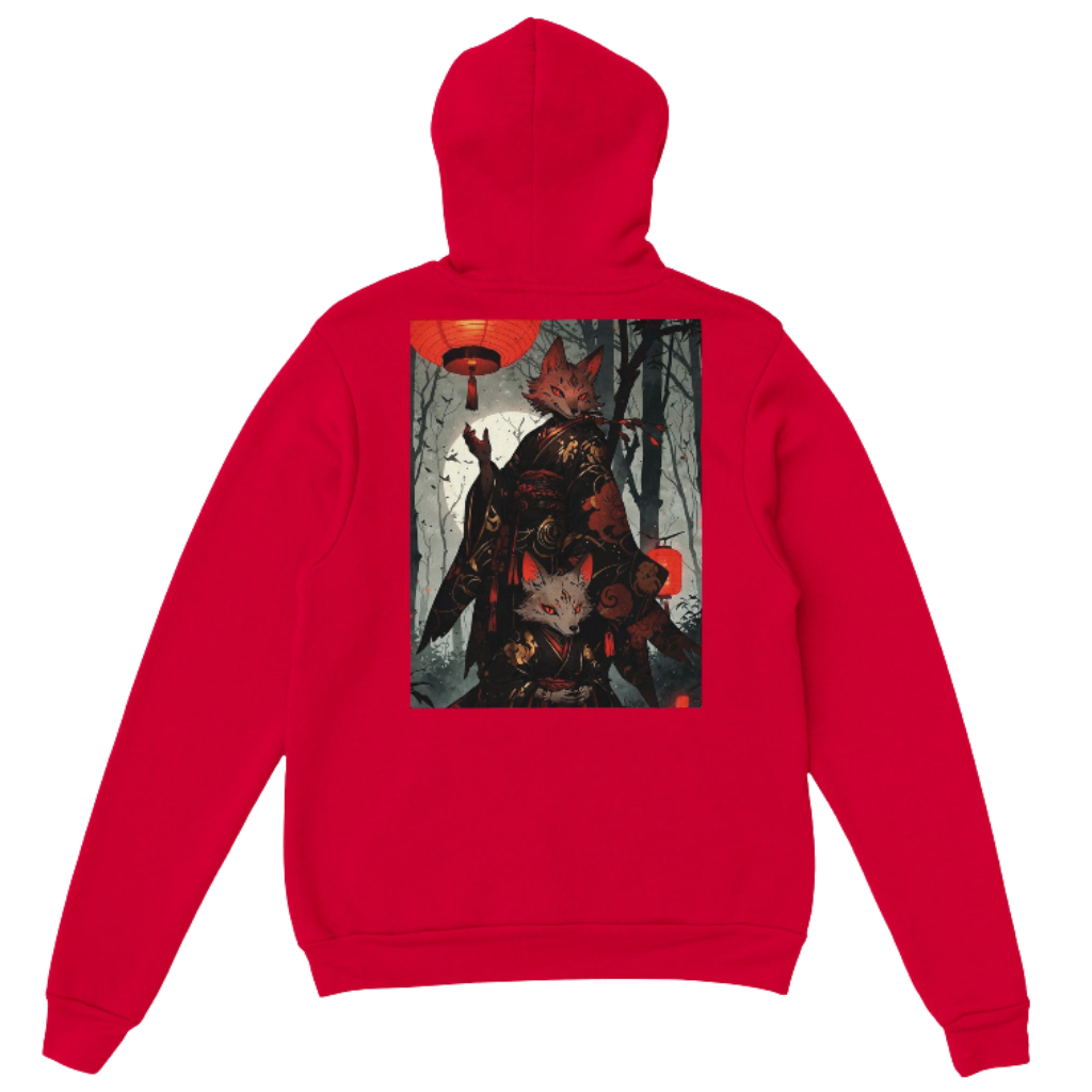 Red hoodie with fox spirit samurai, lantern and sword design on the back