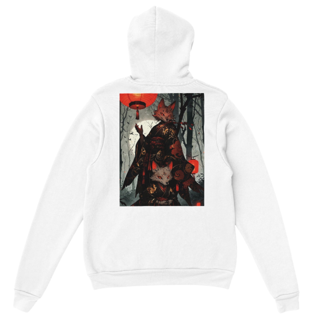 White hoodie with fox spirit samurai, lantern and sword design on the back