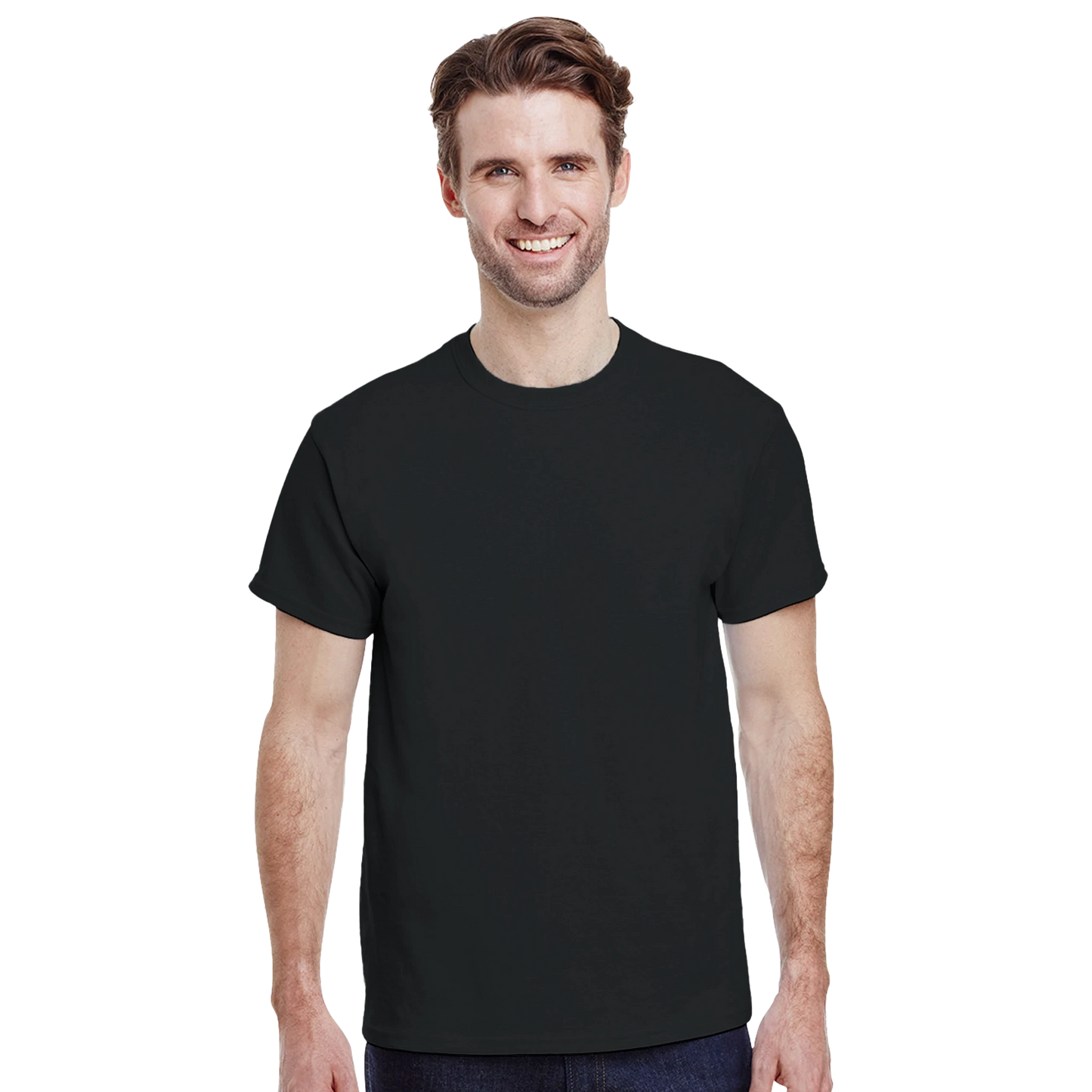 Man wearing plain black T-shirt front view