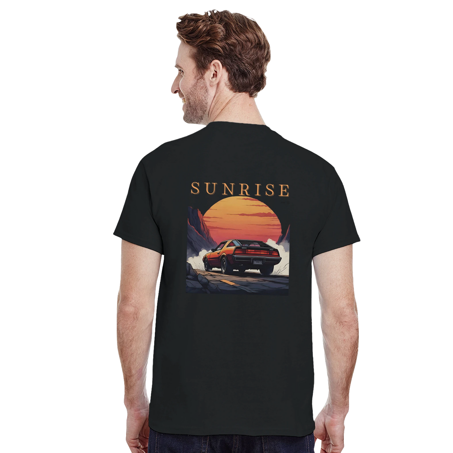 Black T-shirt with red car and sunrise design