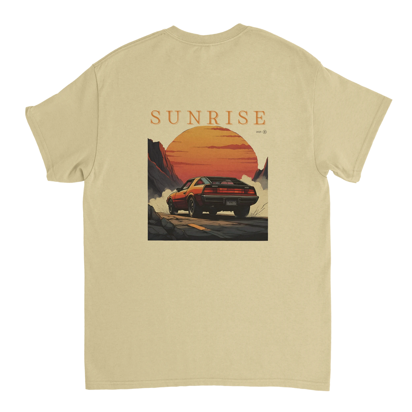 Beige T-shirt with red car and sunrise illustration and SUNRISE text
