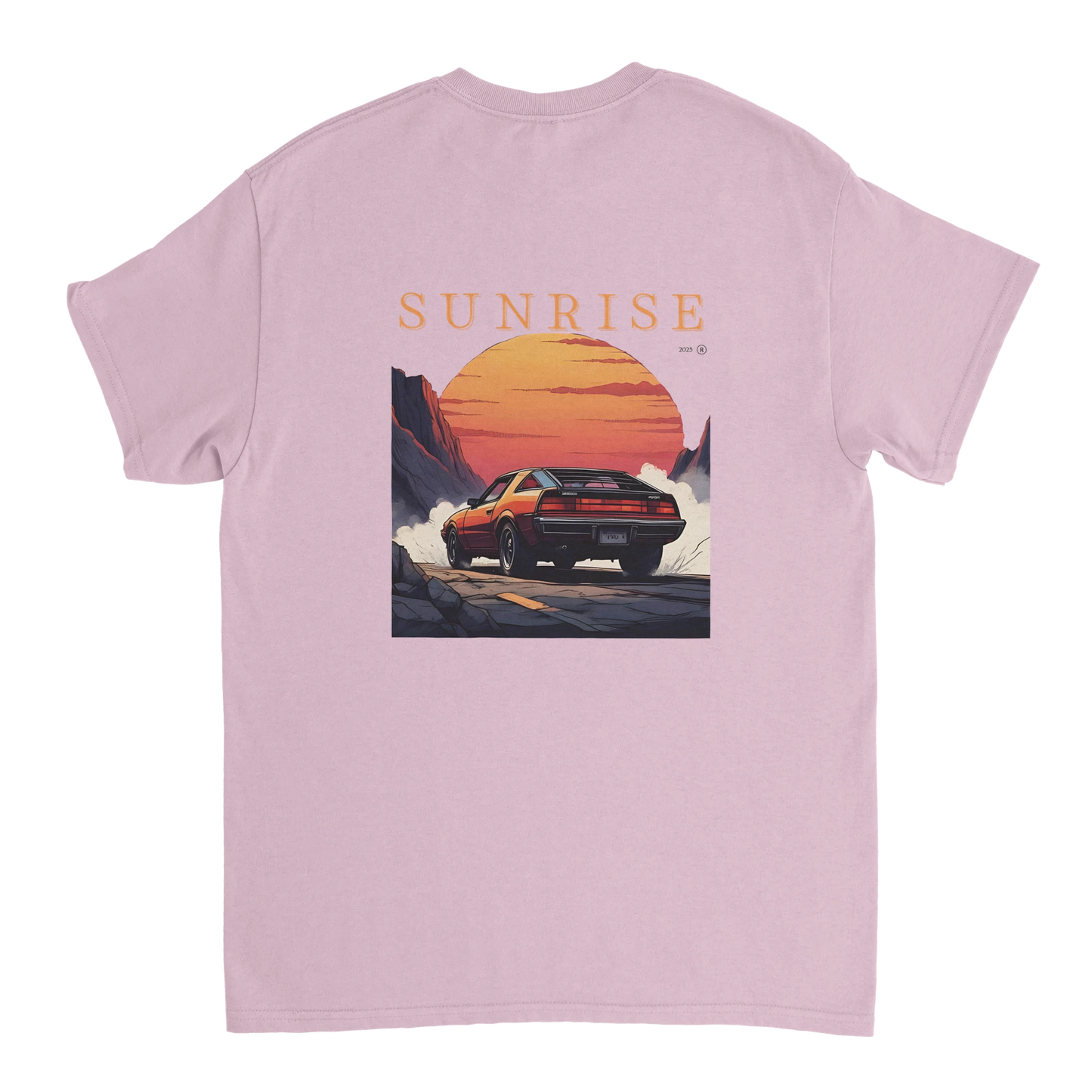 Pink T-shirt with red car and sunrise illustration and SUNRISE text