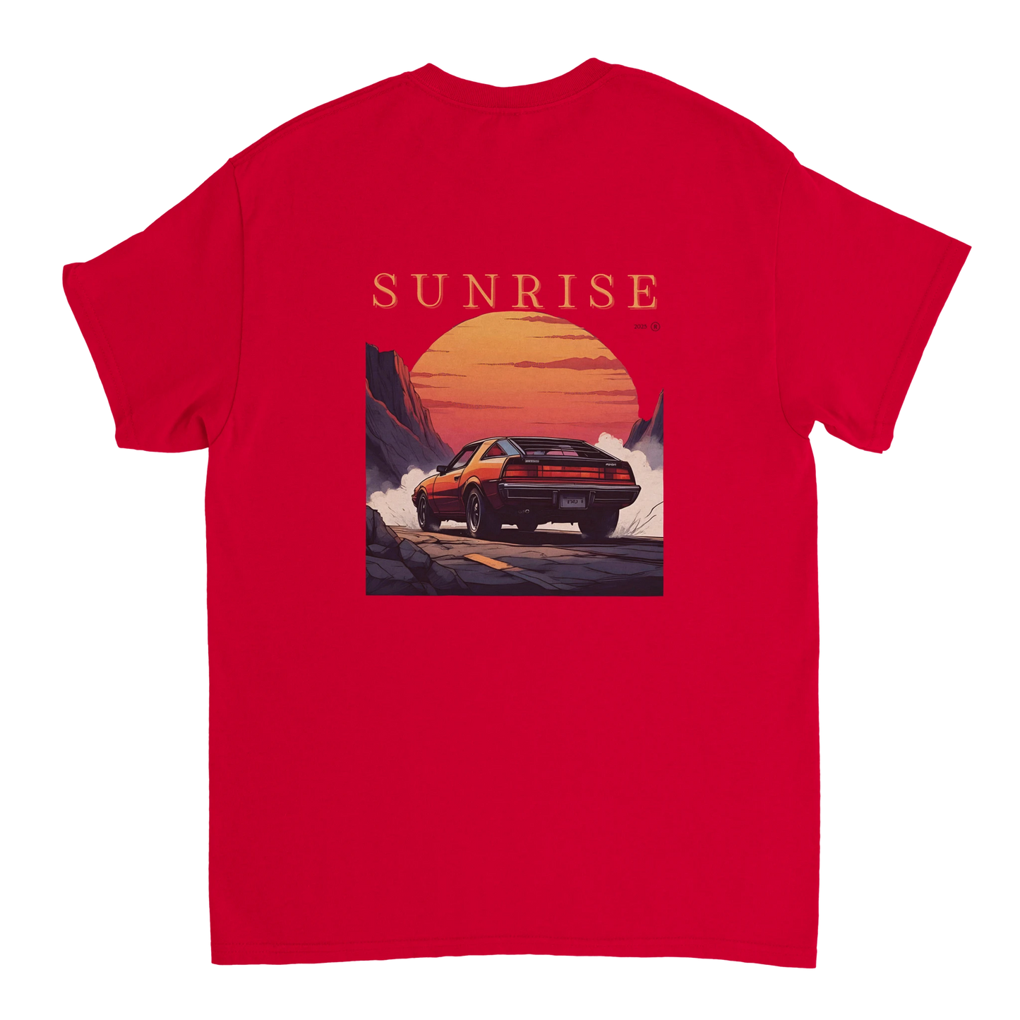 Red T-shirt with red car and sunrise illustration and SUNRISE text