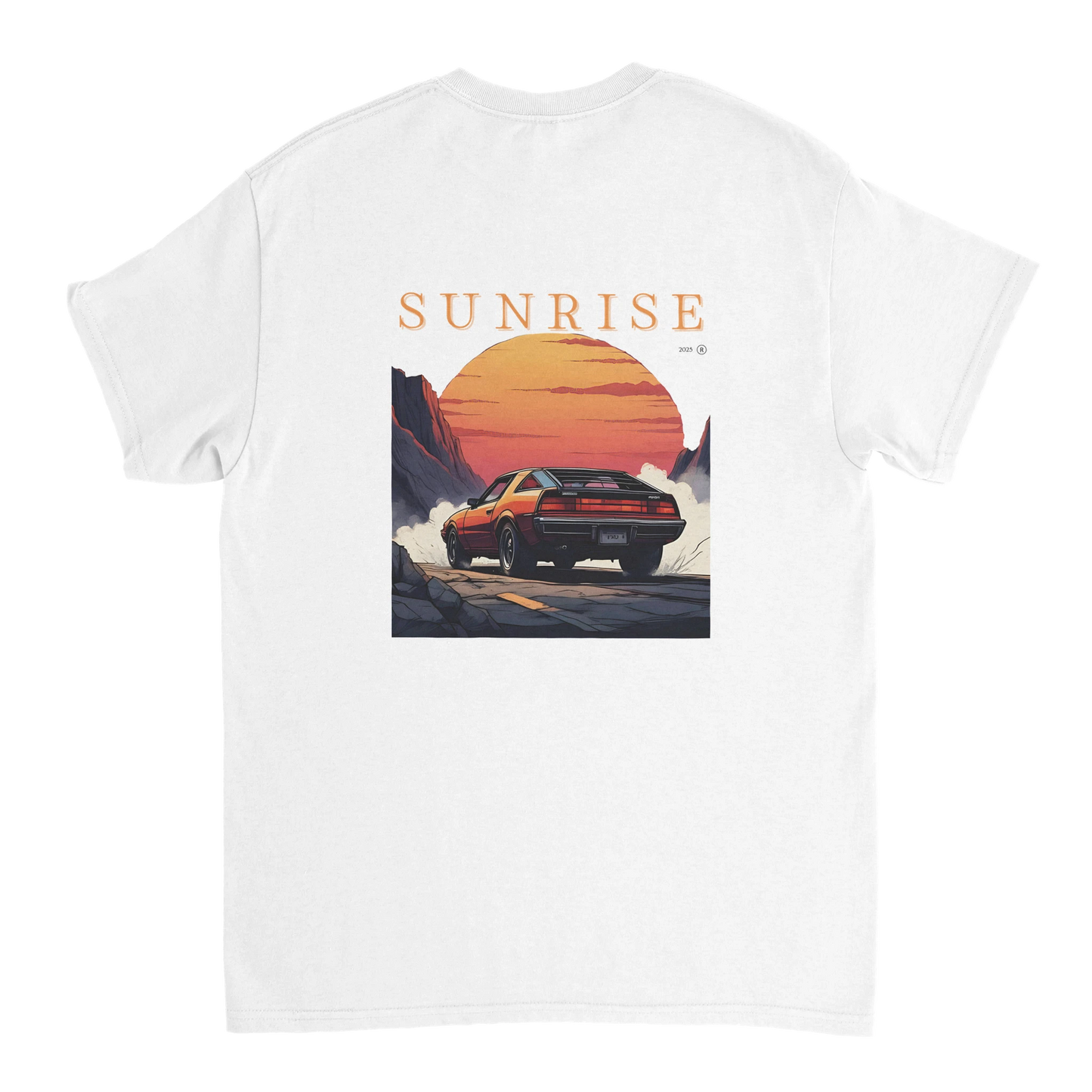 White T-shirt with red car and sunrise illustration and SUNRISE text