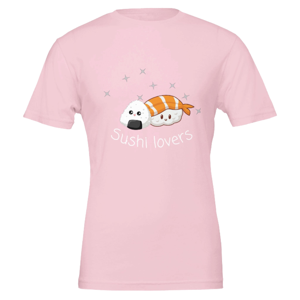 Pink t-shirt with cartoon sushi design and 'Sushi lovers' text on a pink background