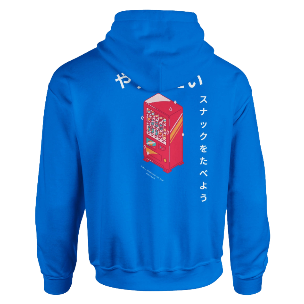 Blue hoodie with a red vending machine design on the back against a blue background