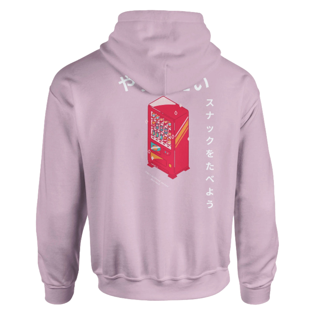 pink hoodie with a red vending machine graphic and text on the back against a pink background
