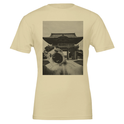 Beige t-shirt with a black and white graphic of a traditional building on a beige background