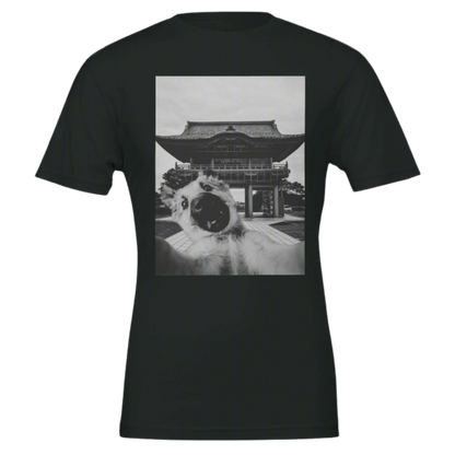 Black t-shirt with a graphic of a traditional building on a black background