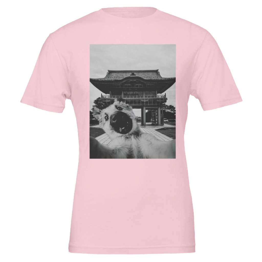 Pink t-shirt with a black and white graphic of a temple on a pink background