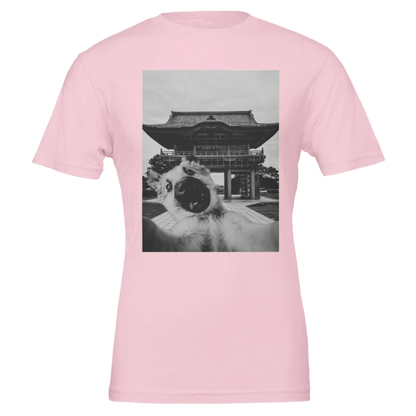 Pink t-shirt with a black and white graphic of a temple on a pink background