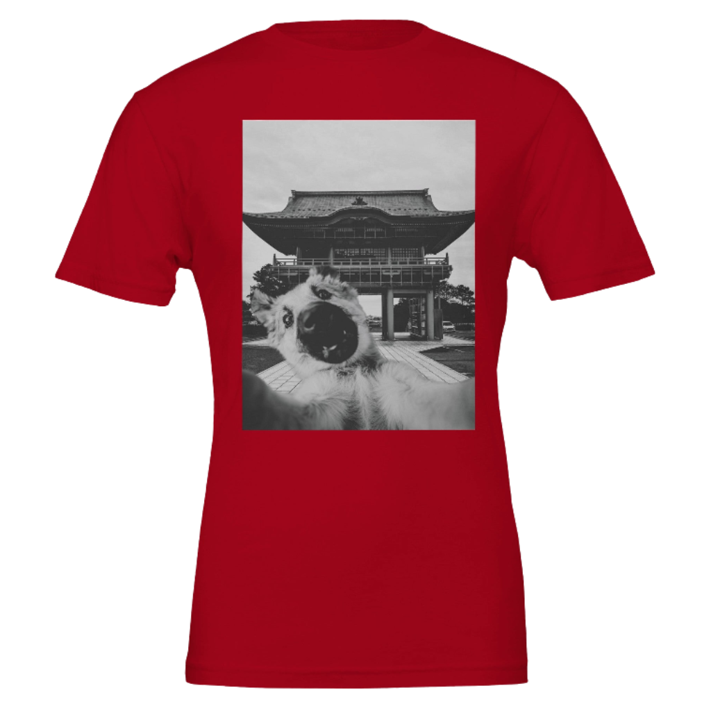 Red t-shirt with a black and white graphic of a traditional building on a red background