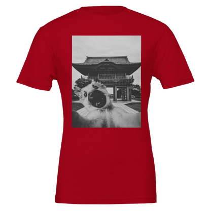 Red t-shirt with a black and white graphic of a traditional building on a red background