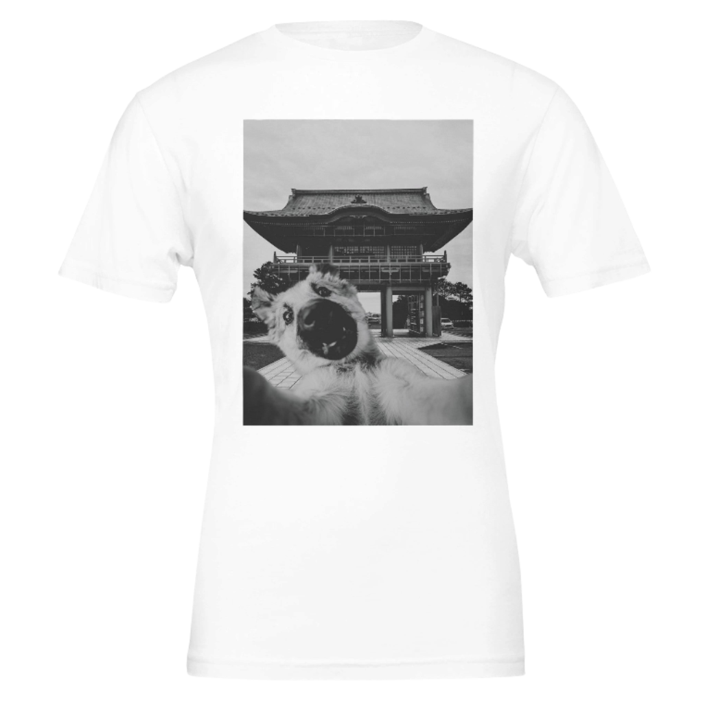 White t-shirt with a black and white graphic of a temple on a white background