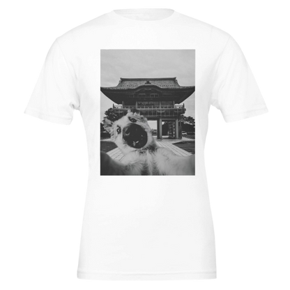 White t-shirt with a black and white graphic of a temple on a white background