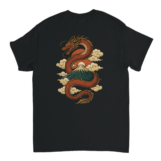 Black T-shirt with Japanese dragon and mountain design