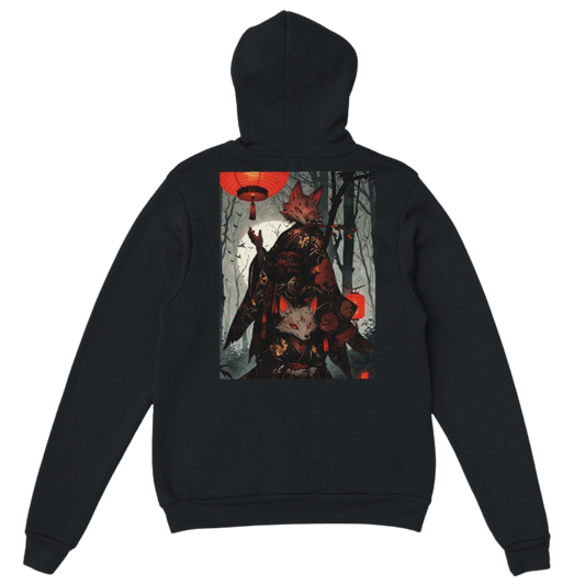 Black hoodie with fox spirit samurai, lantern and sword design on the back