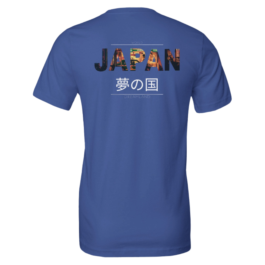 blue t-shirt with colorful 'JAPAN' text and Japanese characters on the back against a blue background