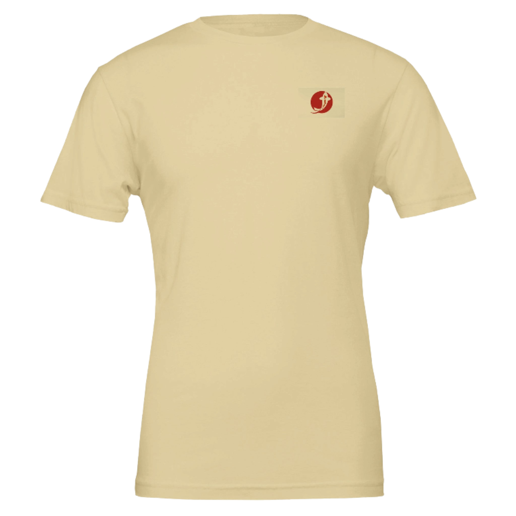Beige t-shirt with a red logo on a beige background