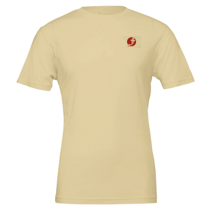 Beige t-shirt with a red logo on a beige background