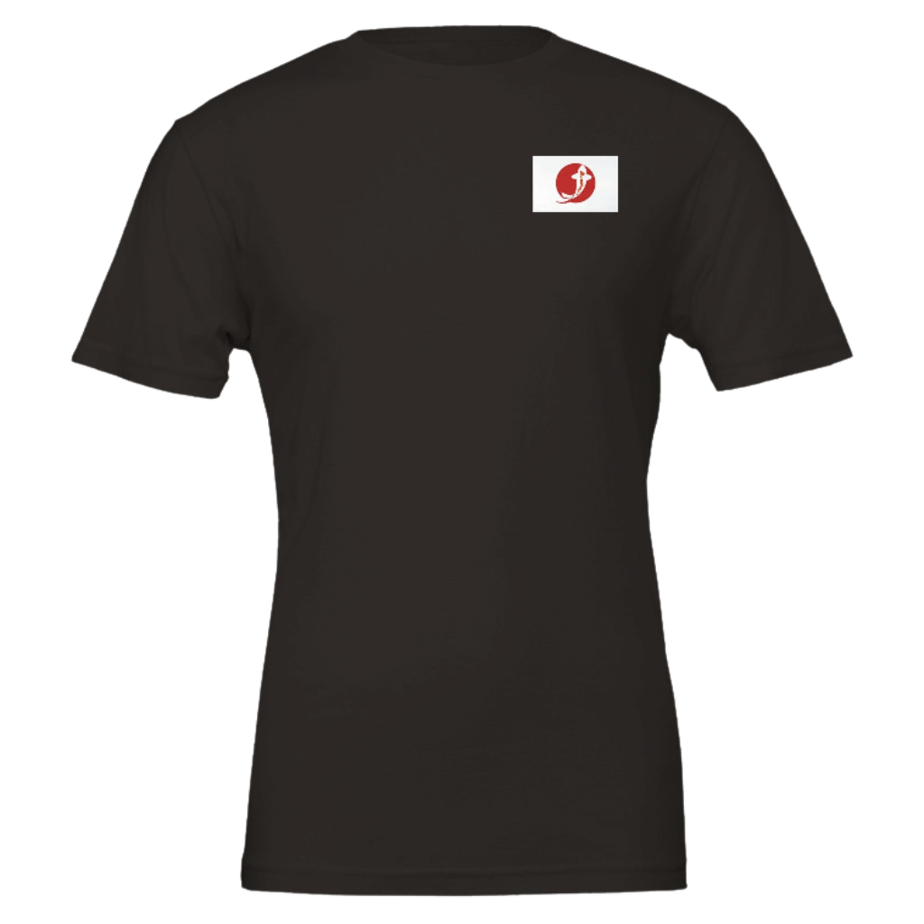Black t-shirt with a logo on the chest against a black background