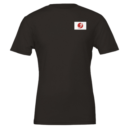 Black t-shirt with a logo on the chest against a black background