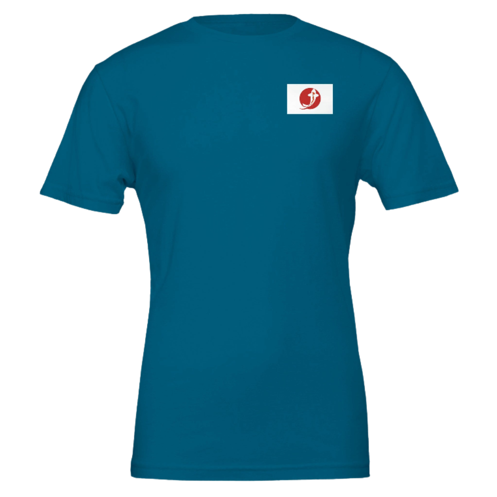 Blue t-shirt with a white logo on a blue background