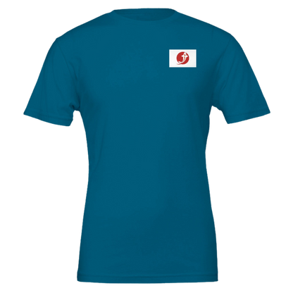 Blue t-shirt with a white logo on a blue background
