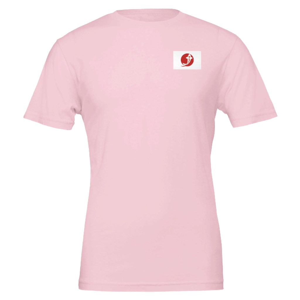 Pink t-shirt with a logo on the chest against a pink background