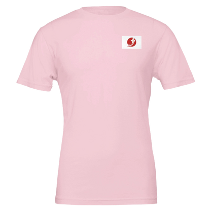 Pink t-shirt with a logo on the chest against a pink background