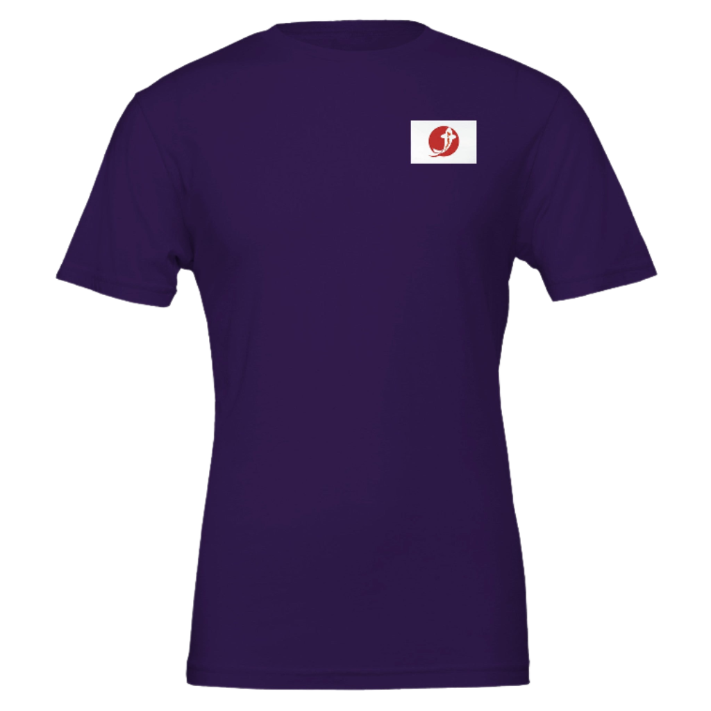 Purple t-shirt with a white logo on a purple background