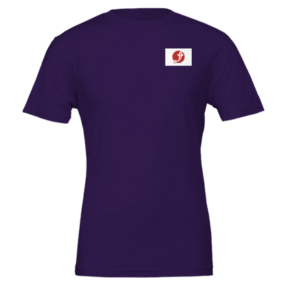 Purple t-shirt with a white logo on a purple background