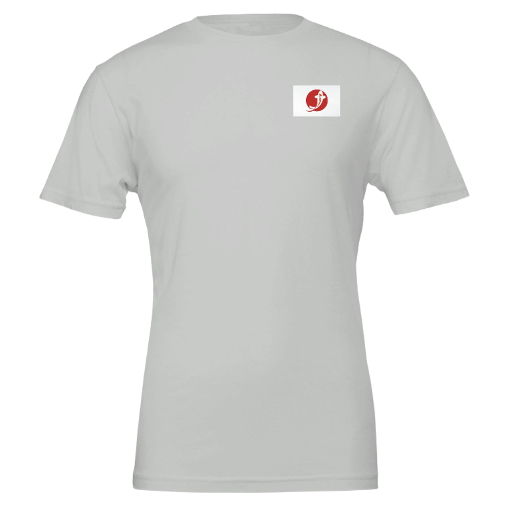 White t-shirt with a small logo on the chest against a white background