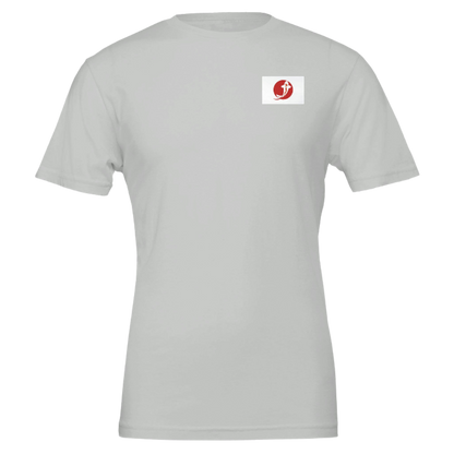 White t-shirt with a small logo on the chest against a white background