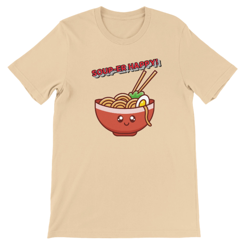 Beige t-shirt with a cartoon ramen bowl and 'Soup-er Happy!' text on a beige background