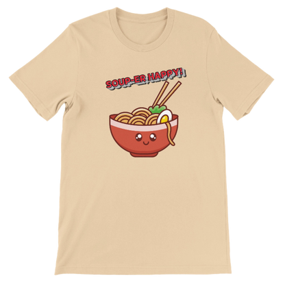 Beige t-shirt with a cartoon ramen bowl and 'Soup-er Happy!' text on a beige background